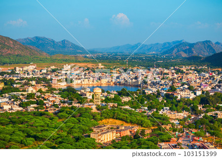 Pushkar town aerial panoramic view, India 103151399