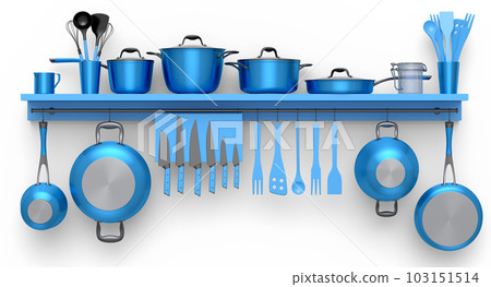 Set of kitchen utensil, stewpot, frying pan and chrome cookware hanging on shelf 103151514