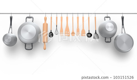Set of kitchen utensil, stewpot, frying pan and chrome cookware hanging on shelf Set of kitchen utensil, stewpot, frying pan and chrome cookware hanging on shelf 103151526