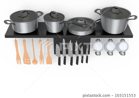 Set of kitchen utensil, stewpot, frying pan and chrome cookware hanging on shelf 103151553