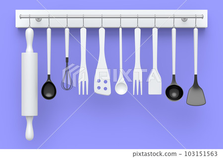 Set of kitchen utensil for preparation of dough hanging on shelf on violet Set of kitchen utensil for preparation of dough hanging on shelf on violet 103151563
