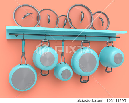 Set of stewpot, frying pan and chrome plated cookware hanging on shelf on pink Set of stewpot, frying pan and chrome plated cookware hanging on shelf on pink 103151595
