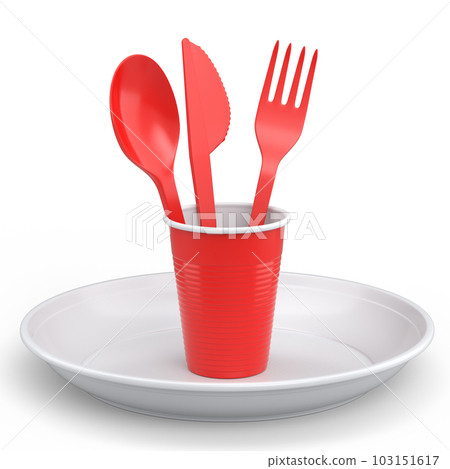 Set of disposable utensils like plate, folk, spoon,knife and cup on white. Set of disposable utensils like plate, folk, spoon,knife and cup on white. 103151617