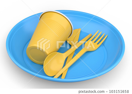Set of disposable utensils like plate, folk, spoon,knife and cup on white. Set of disposable utensils like plate, folk, spoon,knife and cup on white. 103151658