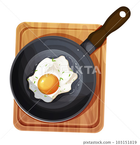 Fried egg sausages and tomatoes on skillet top view in cartoon style isolated on white background. Breakfast meal Fried egg sausages and tomatoes on skillet top view in cartoon style isolated on white background. Breakfast meal 103151819
