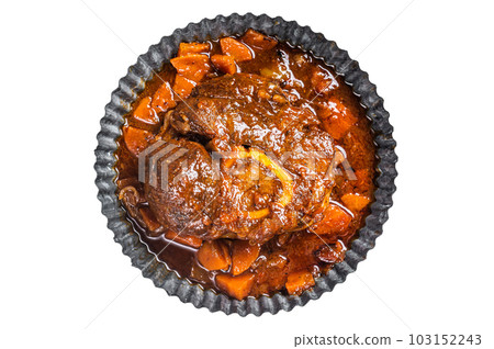 Braised meat on the bone Osso Buco in tomato sauce, veal italian meat Ossobuco. Isolated on white background. Braised meat on the bone Osso Buco in tomato sauce, veal italian meat Ossobuco. Isolated on white background. 103152243