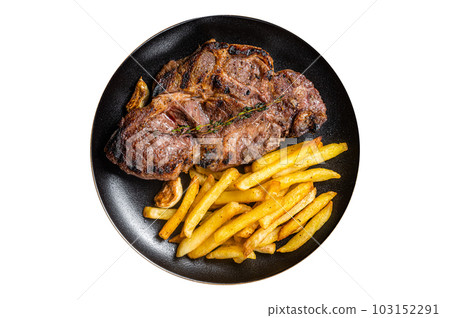 Roasted pork steaks from neck meat in plate with potato chips. Isolated on white background. Roasted pork steaks from neck meat in plate with potato chips. Isolated on white background. 103152291
