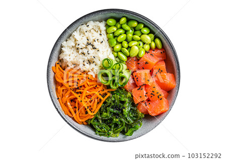 Hawaiian Poke bowl with Salmon, Edamame and Rice. Isolated on white background. 103152292