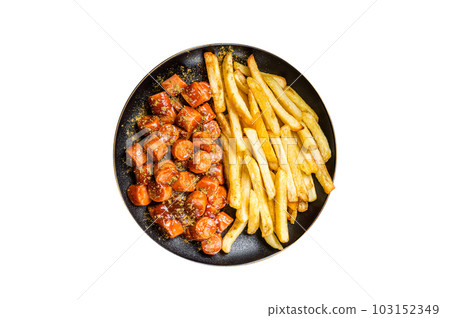 German currywurst meal, curry wurst with french fry served in a plate. Isolated on white background. 103152349