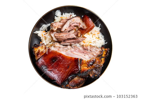 Roast Pork Ham Hock, knuckle with Sauerkraut on a plate. Isolated on white background. Roast Pork Ham Hock, knuckle with Sauerkraut on a plate. Isolated on white background. 103152363