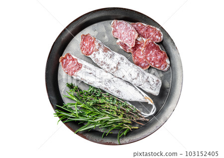 Fuet Salami slices in a steel tray. Traditional Spanish sausage. Isolated on white background. Fuet Salami slices in a steel tray. Traditional Spanish sausage. Isolated on white background. 103152405