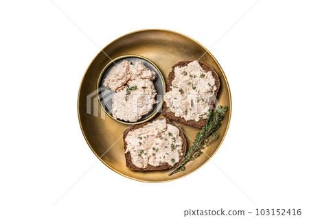 Toasts with Cod liver Spread pate on a plate. Isolated on white background. 103152416