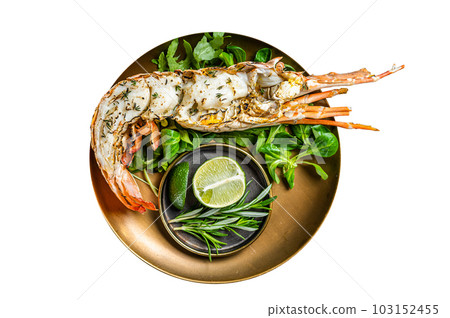 Grilled Spiny lobster with salad on a plate. Isolated on white background.background. Top view 103152455