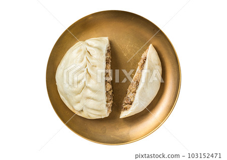 Wang Mandu Pyanse steamed pie stuffed with vegetable and meat Isolated on white background. Wang Mandu Pyanse steamed pie stuffed with vegetable and meat Isolated on white background. 103152471
