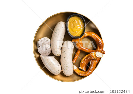Munich white sausage with pretzel and mustard. Isolated on white background. Munich white sausage with pretzel and mustard. Isolated on white background. 103152484