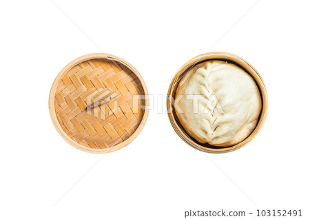 Pyanse steamed bun in a Bamboo steamer, korean street food. Isolated on white background. 103152491