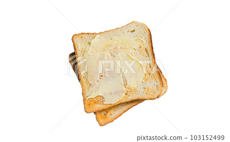 Slices of toast bread with butter on wooden board. Isolated on white background. Slices of toast bread with butter on wooden board. Isolated on white background. 103152499