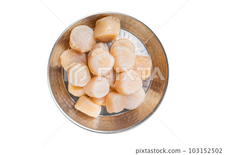 Raw sea scallops fillets in a skillet. Isolated on white background. 103152502