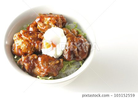 A bird's-eye view of a fried chicken bowl with a white background A bird's-eye view of a fried chicken bowl with a white background 103152559