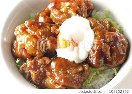 A bird's-eye view of a fried chicken bowl with a white background 103152562
