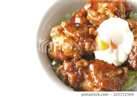 A bird's-eye view of a fried chicken bowl with a white background 103152564