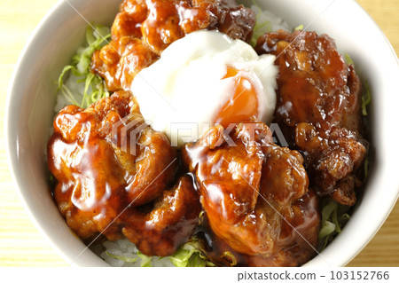 熱雞蛋炸雞蓋飯的鳥瞰圖 熱雞蛋炸雞蓋飯的鳥瞰圖 103152766