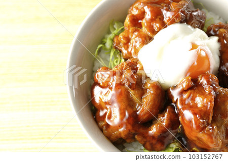 熱雞蛋炸雞蓋飯的鳥瞰圖 熱雞蛋炸雞蓋飯的鳥瞰圖 103152767