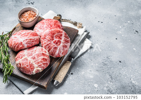 Raw Caul Fat Meatballs burger cutlets, fresh meat. Gray background. Top view. Copy space Raw Caul Fat Meatballs burger cutlets, fresh meat. Gray background. Top view. Copy space 103152795