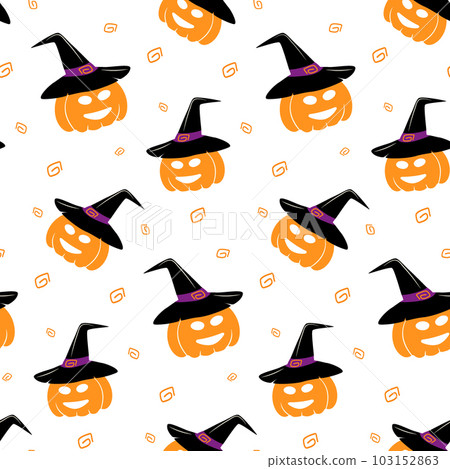 Endless pattern of smiling pumpkin in witch hat and Abstract element around in trendy Halloween hues Endless pattern of smiling pumpkin in witch hat and Abstract element around in trendy Halloween hues 103152863