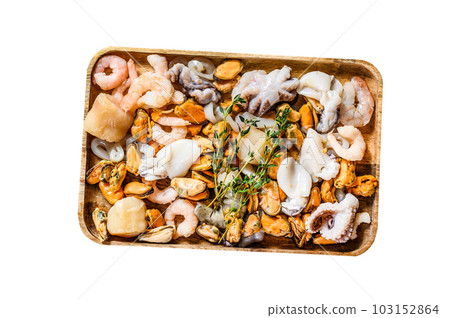 Raw sea seafood cocktail in a wooden bowl. Isolated on white background. Raw sea seafood cocktail in a wooden bowl. Isolated on white background. 103152864