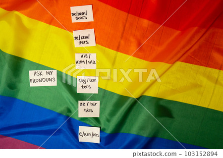 ASK MY PRONOUN Neo pronouns concept. Rainbow flag with paper notes text gender pronouns hie, e, ne, xe, ze, tey. Non-binary people rights transgenders. Lgbtq community support assume my gender 103152894