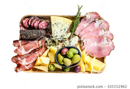 Antipasto platter with ham, prosciutto, salami, blue cheese, mozzarella and olives. Isolated on white background. 103152962
