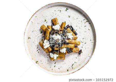 Pasta tortiglioni with black truffle and Boletus edulis, white mushroom. Isolated on white background. Pasta tortiglioni with black truffle and Boletus edulis, white mushroom. Isolated on white background. 103152972