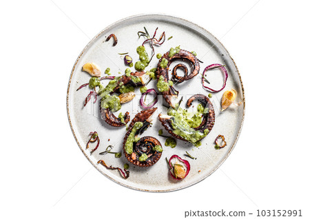 Cooked octopus tentacles with pesto, thyme and onion. Isolated on white background. 103152991