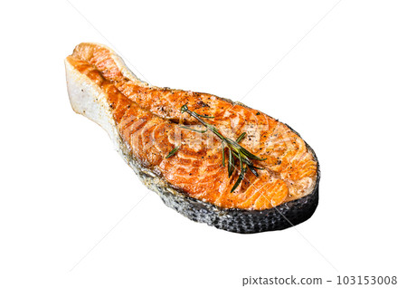 Rosted trout steak. Healthy seafood. Isolated on white background. Rosted trout steak. Healthy seafood. Isolated on white background. 103153008