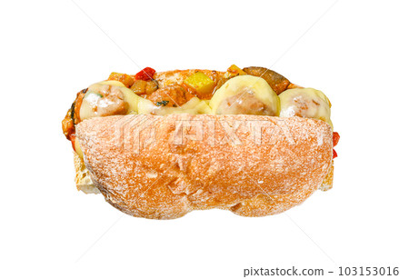 ciabatta sandwich with meatballs, cheese and tomato sauce. Isolated on white background. 103153016