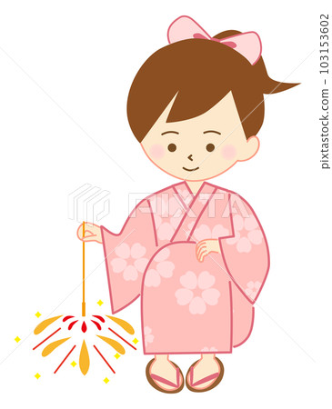 A girl in a yukata with a pink floral pattern, crouching and playing fireworks A girl in a yukata with a pink floral pattern, crouching and playing fireworks 103153602