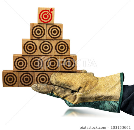 Stack of Wooden Blocks with Many Brown Targets and One Red One Stack of Wooden Blocks with Many Brown Targets and One Red One 103153661