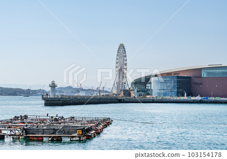 Shimonoseki City, Yamaguchi Prefecture, a popular tourist spot Shimonoseki Aquarium Kaikyokan and the surrounding scenery in sunny weather Shimonoseki City, Yamaguchi Prefecture, a popular tourist spot Shimonoseki Aquarium Kaikyokan and the surrounding scenery in sunny weather 103154178