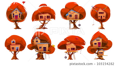 Autumn wood tree house with ladder cartoon set 103154282