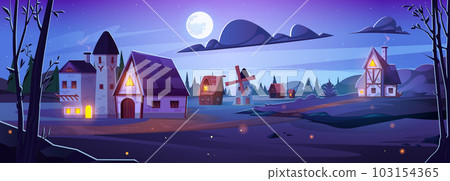 Countryside landscape with village houses at night Countryside landscape with village houses at night 103154365