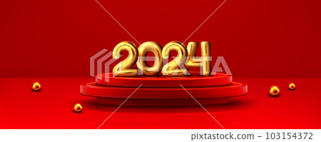 Golden 2024 numbers on red round podium Golden 2024 numbers on red round podium 103154372