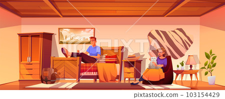 Woman with cat and man in bedroom illustration 103154429