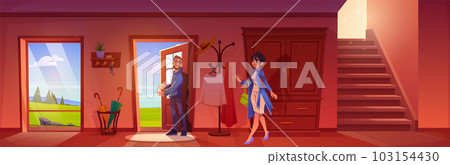 Couple leave home in open door in hallway vector 103154430