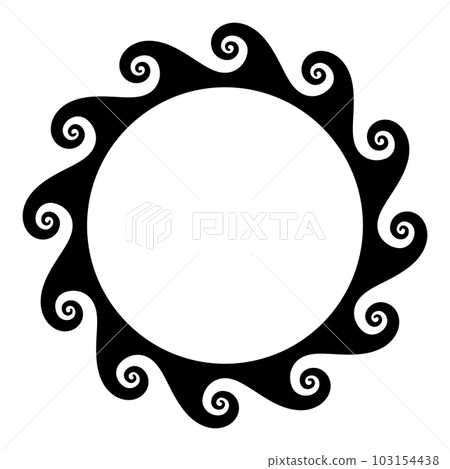 Vitruvian wave pattern, circle frame with seamless meander design, also known as running dog or scroll pattern, a repeated motif with twelve connected spirals moving around a circle. Illustration. 103154438
