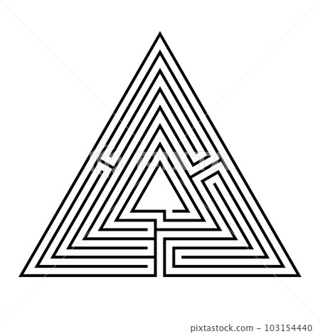 Triangular maze, a labyrinth with a single path (unicursal) from the entrance to the center or goal, in seven courses. Black and white, isolated illustration, on white background. Vector. Triangular maze, a labyrinth with a single path (unicursal) from the entrance to the center or goal, in seven courses. Black and white, isolated illustration, on white background. Vector. 103154440