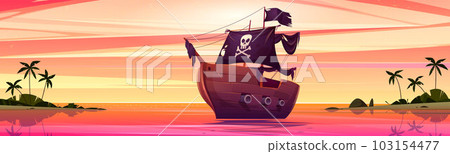Pirate ship near sea island beach sunset cartoon Pirate ship near sea island beach sunset cartoon 103154477