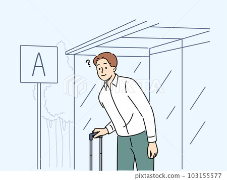 Frustrated male traveler wait on bus stop Frustrated male traveler wait on bus stop 103155577