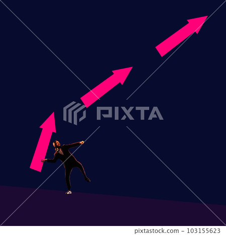 Contemporary art collage with business man, office worker see the goal, without obstacles over dark mode background. Creative artwork 103155623