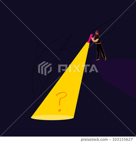 Contemporary art collage with pensive business woman holding flashlight and looking for right decision, answer over dark mode background 103155627